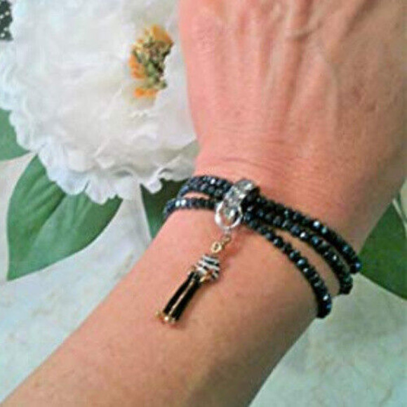 French Lady Stretch Bracelet Beaded BLACK Luxury Charm Paris style Multi-strand - Picture 3 of 6